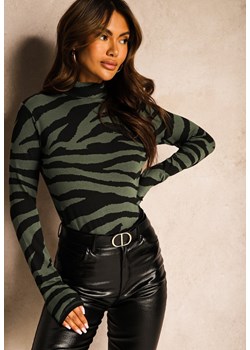 Czarno-Zielona Bluzka z Bawełny w Animal Print Zebra z Półgolfem Irithanae ze sklepu Renee odzież w kategorii Bluzki damskie - zdjęcie 174647996