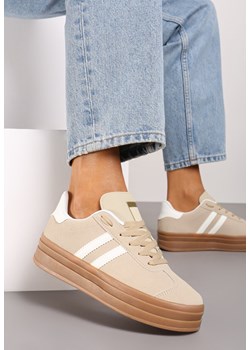 Beżowe Sneakersy na Platformie z Minimalistycznymi Przeszyciami Teritha ze sklepu born2be.pl w kategorii Buty sportowe damskie - zdjęcie 174663156