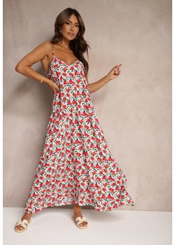 Biało-Czerwona Kwiatowa Sukienka z Bawełny na Ramiączkach o Rozkloszowanym Kroju Kesvia ze sklepu Renee odzież w kategorii Sukienki - zdjęcie 174664547