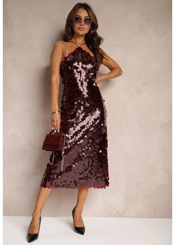 Bordowa Cekinowa Sukienka o Asymetrycznym Fasonie z Ozdobnym Wiązaniem na Plecach Leriseli ze sklepu Renee odzież w kategorii Sukienki - zdjęcie 174664567