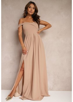 Ciemnobeżowa Elegancka Długa Sukienka Hiszpanka Wykończona Rozcięciem na Dole Idelia ze sklepu Renee odzież w kategorii Sukienki - zdjęcie 174664726