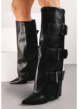 Czarne Rockowe Kozaki na Słupku z Wywiniętą Cholewką Wykończone Klamrami Navlaya ze sklepu renee.pl w kategorii Kozaki damskie - zdjęcie 174676206