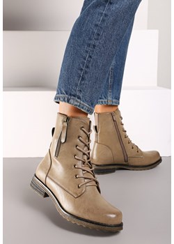 Ciemnobeżowe Płaskie Botki w Stylu Workerów ze Sznurowaniem z Ozdobnym Suwakiem Tarlina ze sklepu born2be.pl w kategorii Botki - zdjęcie 174705718