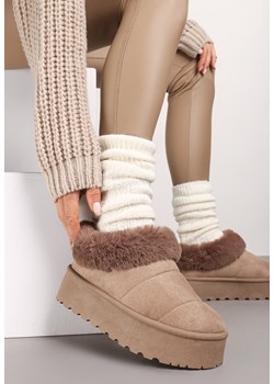 Ciemnobeżowe Śniegowce na Platformie z Wywiniętym Futerkiem Tiriola ze sklepu born2be.pl w kategorii Śniegowce damskie - zdjęcie 174918635