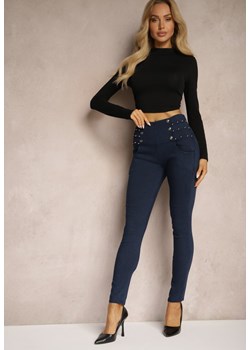 Granatowe Spodnie Skinny High Waist z Gumką w Talii Nitami i Ozdobnymi Guzikami Ciandora ze sklepu Renee odzież w kategorii Spodnie damskie - zdjęcie 174983319