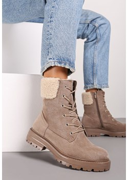 Beżowe Botki Workery na Płaskiej Podeszwie Zdobione Futerkiem Typu Baranek Nevasilla ze sklepu born2be.pl w kategorii Workery damskie - zdjęcie 175007709