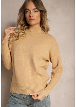 Beżowy  Golf Sweter z Tłoczeniem i Ściągaczami Melovira ze sklepu Renee odzież w kategorii Swetry damskie - zdjęcie 175084329