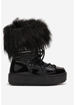 Czarne Śniegowce Lakierowane na Grubej Podeszwie Ozdobione Futerkiem Avelirra ze sklepu renee.pl w kategorii Buty zimowe dziecięce - zdjęcie 175112686