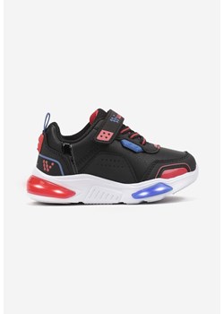 Czarno-Czerwone Płaskie Sznurowane Buty Sportowe Sneakersy z Ledami i Rzepami Erinalia ze sklepu born2be.pl w kategorii Buty sportowe dziecięce - zdjęcie 175178166