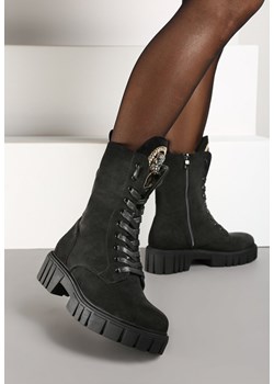 Czarne Botki Workery na Grubej Tłoczonej Podeszwie ze Sznurowaniem i Cyrkoniami Ravandria ze sklepu born2be.pl w kategorii Botki - zdjęcie 175344169