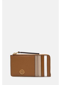 Tory Burch etui na karty skórzane Robinson Pebbled kolor brązowy 146012 ze sklepu ANSWEAR.com w kategorii Portfele damskie - zdjęcie 175365177