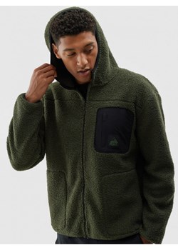 Męski polar sherpa rozpinany z kapturem 4F 4FWAW24TFLEM253 - oliwkowy/khaki ze sklepu Sportstylestory.com w kategorii Bluzy męskie - zdjęcie 175389516