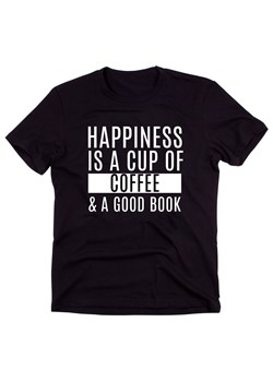 Czarny Klasyczny T-shirt "HAPPINESS IS A CUP OF COFFEE.." ze sklepu Time For Fashion w kategorii Bluzki damskie - zdjęcie 175642918