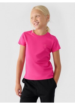 Dziewczęcy t-shirt basic 4F 4FJWMM00TTSHF1658 - różowy ze sklepu Sportstylestory.com w kategorii Bluzki dziewczęce - zdjęcie 176008785