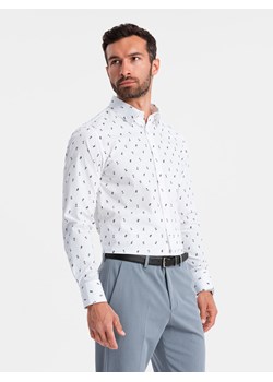 Męska koszula bawełniana we wzory SLIM FIT - biała V2 OM-SHCS-0151 ze sklepu ombre w kategorii Koszule męskie - zdjęcie 176074106