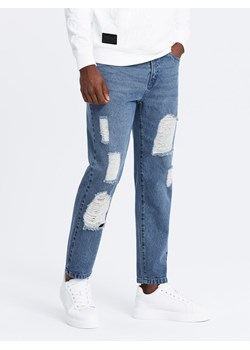 Męskie jeansowe spodnie TAPERED FIT z dziurami – ciemnoniebieskie V3 OM-PADP-0175 ze sklepu ombre w kategorii Jeansy męskie - zdjęcie 176248025