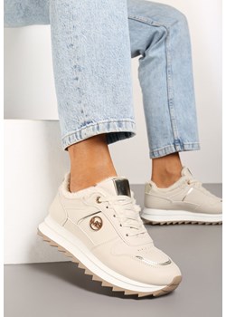 Beżowe Sneakersy na Płaskiej Podeszwie z Metalicznymi Wstawkami i Ociepleniem Adelanna ze sklepu born2be.pl w kategorii Buty sportowe damskie - zdjęcie 176258765