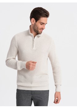 Sweter męski dzianinowy z rozpinaną stójką - kremowy V1 OM-SWZS-0105 ze sklepu ombre w kategorii Swetry męskie - zdjęcie 176300938