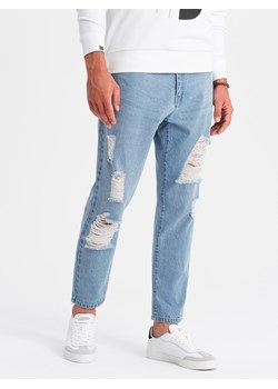 Męskie spodnie jeansowe TAPERED FIT z dziurami – jasnoniebieskie V1 OM-PADP-0175 ze sklepu ombre w kategorii Jeansy męskie - zdjęcie 176301177