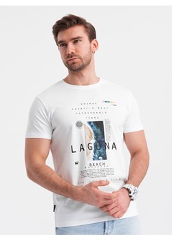 Męski t-shirt bawełniany z nadrukiem laguna - biały V1 OM-TSPT-0127 ze sklepu ombre w kategorii T-shirty męskie - zdjęcie 176312017