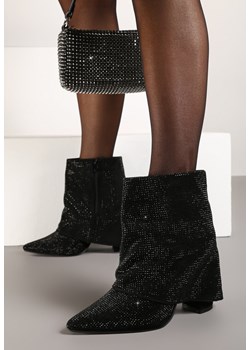 Czarne Eleganckie Botki z Cyrkoniami na Wywiniętej Cholewce Emiviraea ze sklepu renee.pl w kategorii Botki - zdjęcie 176387958