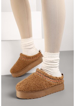 Brązowe Kapcie na Platformie z Ozdobną Lamówką Topora ze sklepu renee.pl w kategorii Kapcie damskie - zdjęcie 176427826