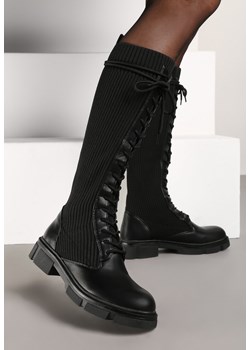 Czarne Płaskie Kozaki ze Skarpetową Cholewką i Sznurowaniem Sannirael - id: VS093-38-BLACK - marki Renee - 176428818 Czarne Płaskie Kozaki ze Skarpetową Cholewką i Sznurowaniem Sannirael ze sklepu renee.pl w kategorii Kozaki damskie - zdjęcie 176428818