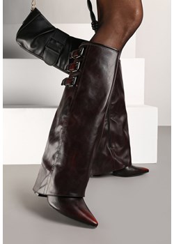 Bordowe Kozaki na Obcasie Ozdobione Wywiniętą Cholewką z Paskami i Klamrami Liennia ze sklepu born2be.pl w kategorii Kozaki damskie - zdjęcie 176431195