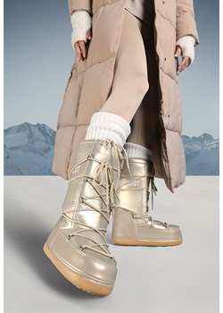 Szampańskie Ocieplane Śniegowce na Płaskiej Grubej Podeszwie ze Ściąganą Cholewką i Wiązaniem Heatua ze sklepu born2be.pl w kategorii Śniegowce damskie - zdjęcie 176471588