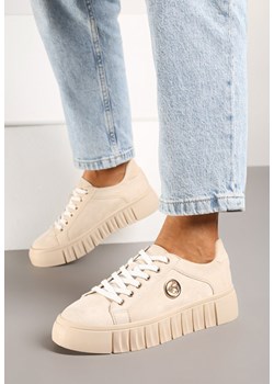Beżowe Sznurowane Sneakersy Vices na Platformie z Tłoczeniem i Metaliczną Aplikacją Lavfedi ze sklepu renee.pl w kategorii Buty sportowe damskie - zdjęcie 176563429