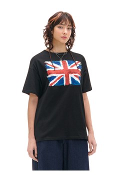 Cropp - T-shirt z nadrukiem brytyjskiej flagi - czarny ze sklepu Cropp w kategorii Bluzki damskie - zdjęcie 176575748