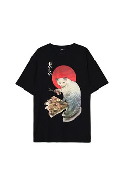 Cropp - Czarny T-shirt z kotem i sushi - czarny ze sklepu Cropp w kategorii T-shirty męskie - zdjęcie 176576865