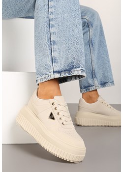 Beżowe Sznurowane Sneakersy Vices Tłoczonej Platformie Ozdobione Trójkątem Raviri ze sklepu renee.pl w kategorii Buty sportowe damskie - zdjęcie 177447415