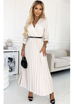Plisowana sukienka maxi z paskiem i rękawem 3/4 beżowa 462-1 Serena, Kolor beżowy, Rozmiar one size, NUMOCO BASIC ze sklepu Intymna w kategorii Sukienki - zdjęcie 177448365