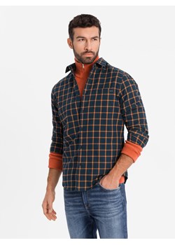 Męska flanelowa koszula w kratę SLIM FIT - granatowo-pomarańczowa V1 OM-SHCS-0145 ze sklepu ombre w kategorii Koszule męskie - zdjęcie 177558849