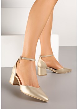 Złote Czółenka Vices na Słupku ze Skórzaną Wkładką i Ozdobą przy Pasku Lilria ze sklepu renee.pl w kategorii Czółenka - zdjęcie 177562648