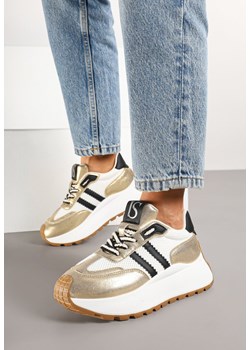 Biało-Złote Sznurowane Sneakersy Vices na Grubej Podeszwie z Metaliczną Wstawką Nelenia ze sklepu born2be.pl w kategorii Buty sportowe damskie - zdjęcie 177572626