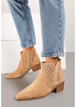 Ciemnobeżowe Ażurowe Botki Vices na Obcasie w Stylu Kowbojek Selrith ze sklepu born2be.pl w kategorii Botki - zdjęcie 177572727