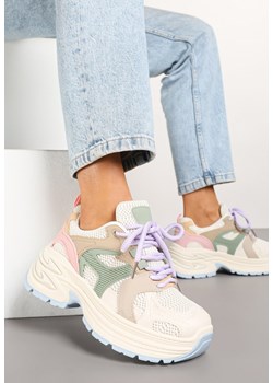 Jasnobeżowe Sneakersy na Platformie z Tłoczeniem i Geometrycznym Wzorem Melvila ze sklepu renee.pl w kategorii Buty sportowe damskie - zdjęcie 177654356