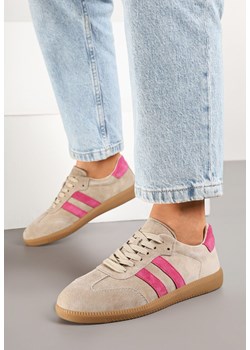 Beżowo-Różowe Sneakersy na Płaskiej Podeszwie ze Skórzaną Wkładką i Geometrycznym Wzorem Nelirria ze sklepu born2be.pl w kategorii Buty sportowe damskie - zdjęcie 177655927