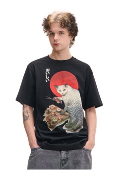 Cropp - Czarnt T-shirt z kotem i sushi - czarny ze sklepu Cropp w kategorii T-shirty męskie - zdjęcie 177701008