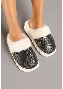 Czarne Metaliczne Kapcie Vices z Futerkiem na Piankowej Podeszwie Eleasmina ze sklepu born2be.pl w kategorii Kapcie damskie - zdjęcie 177707925