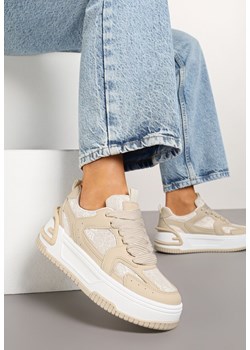 Beżowe Sneakersy na Grubej Podeszwie Zdobione Brokatem Deorianis ze sklepu born2be.pl w kategorii Buty sportowe damskie - zdjęcie 177719275