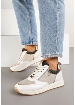 Beżowo-Złote Sneakersy z Ozdobnym Suwakiem i Skórzaną Wkładką Hanviera ze sklepu born2be.pl w kategorii Buty sportowe damskie - zdjęcie 177719415