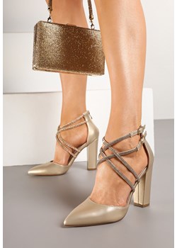 Złote Czółenka Vices na Obcasie ze Skórzaną Wkładką Ozdobnymi Paskami i Cyrkoniami Rinnesca ze sklepu born2be.pl w kategorii Czółenka - zdjęcie 177720656