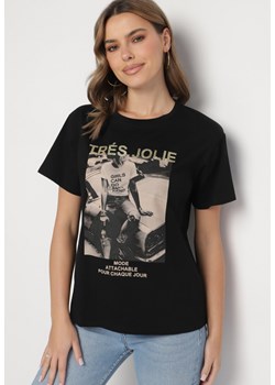 Czarny T-shirt z Bawełny Ozdobiony Nadrukiem i Brokatem Marionel ze sklepu Born2be Odzież w kategorii Bluzki damskie - zdjęcie 178030938