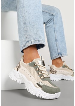 Beżowo-Zielone Sneakersy w Steetwearowym Stylu na Tłoczonej Platformie Ozdobione Wzorem w Panterkę Gonavielle ze sklepu renee.pl w kategorii Buty sportowe damskie - zdjęcie 178046157