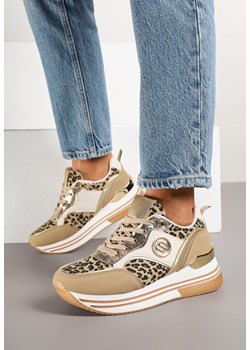 Ciemnobeżowe Sneakersy Ozdobione Wzorem w Panterkę z Metalicznymi Zdobieniami na Platformie Gonnella ze sklepu renee.pl w kategorii Buty sportowe damskie - zdjęcie 178046175