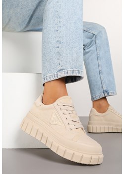 Beżowe Sneakersy Vices na Platformie z Ozdobą i Napisem Leawen ze sklepu renee.pl w kategorii Buty sportowe damskie - zdjęcie 178051588