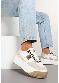 Biało-Beżowe Sneakersy na Platformie z Metalicznym Zdobieniem i Printem w Zebrę Fonarien ze sklepu renee.pl w kategorii Buty sportowe damskie - zdjęcie 178066376